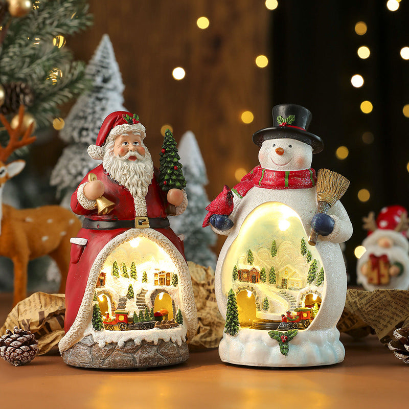 Caixa de Música Natalina | Estatueta Iluminada com Papai Noel e Boneco de Neve