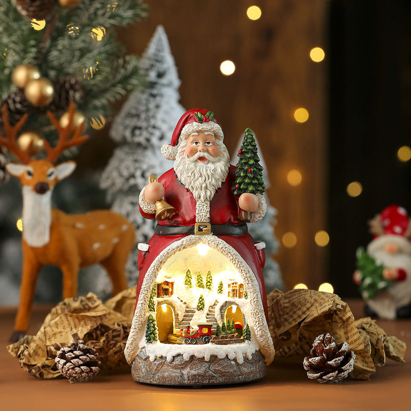 Caixa de Música Natalina | Estatueta Iluminada com Papai Noel e Boneco de Neve
