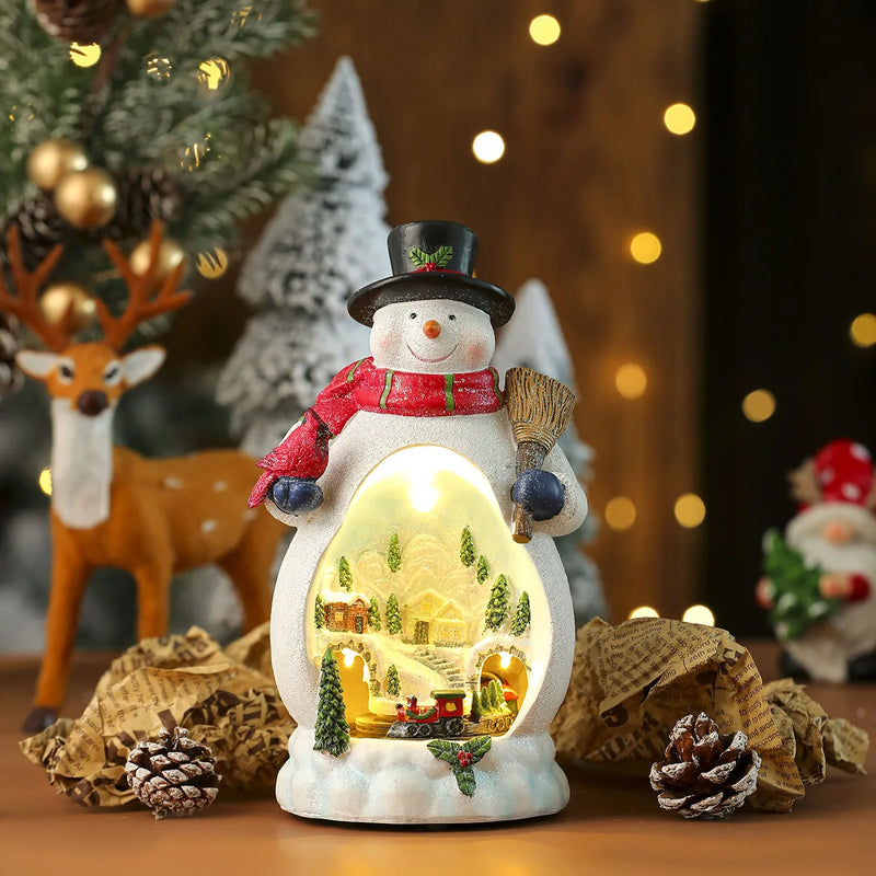 Caixa de Música Natalina | Estatueta Iluminada com Papai Noel e Boneco de Neve