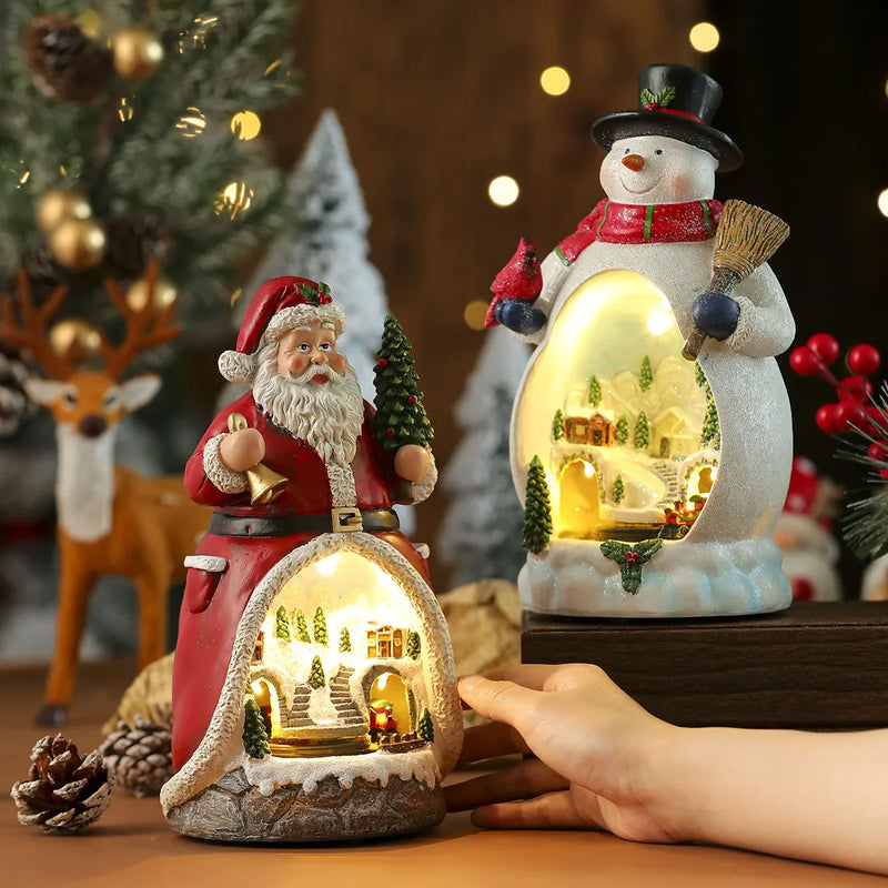 Caixa de Música Natalina | Estatueta Iluminada com Papai Noel e Boneco de Neve