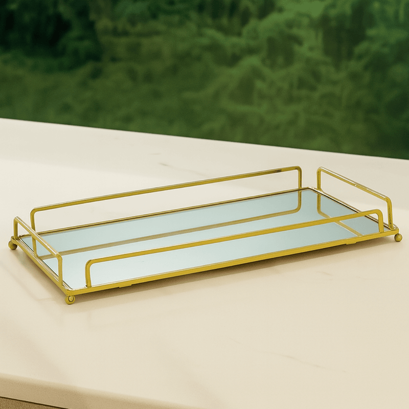 Bandeja Decorativa de Metal com Espelho Dourado 32cm