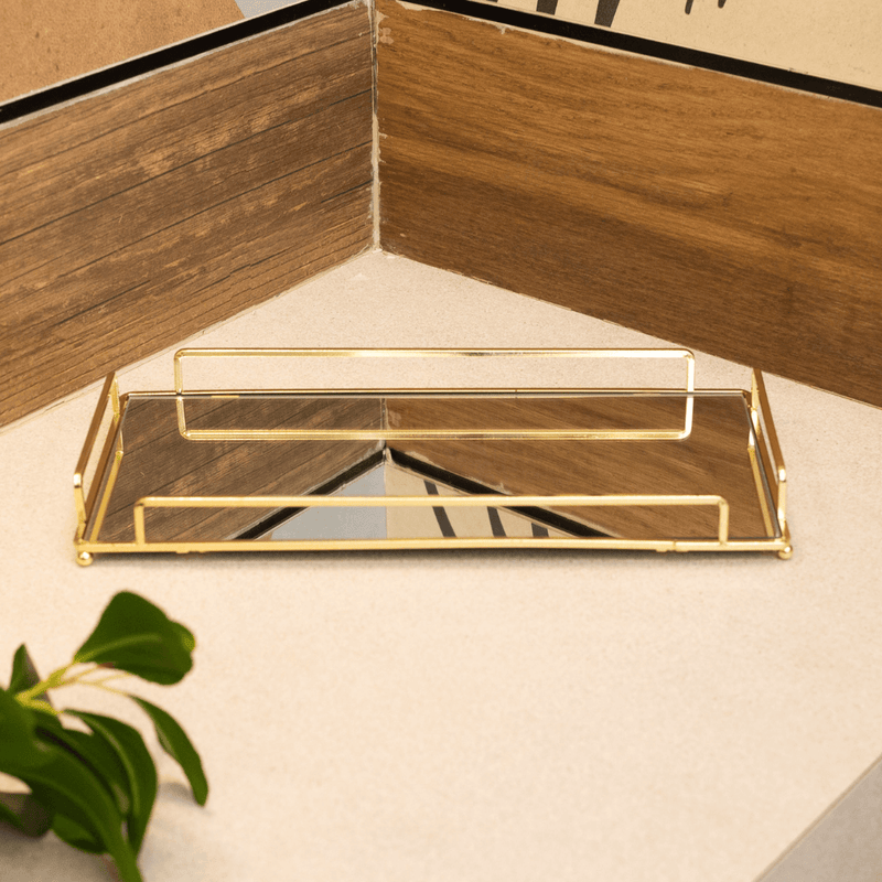 Bandeja Decorativa de Metal com Espelho Dourado 32cm