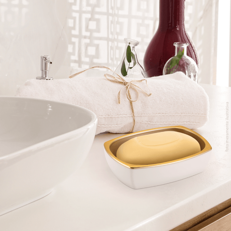 Saboneteira Branco Com Dourado Fosco