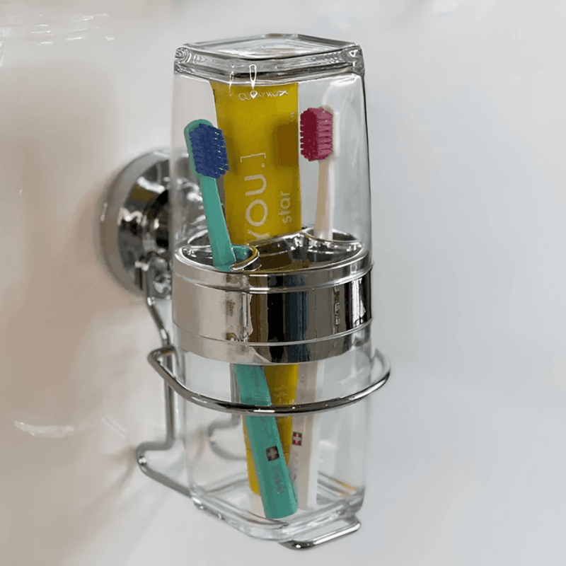 Suporte com Porta Escova e Creme Dental com Ventosa Cromado