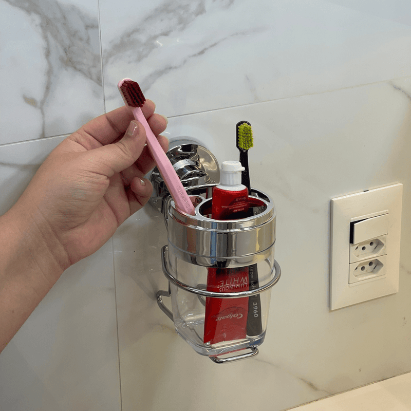 Suporte com Porta Escova e Creme Dental com Ventosa Cromado