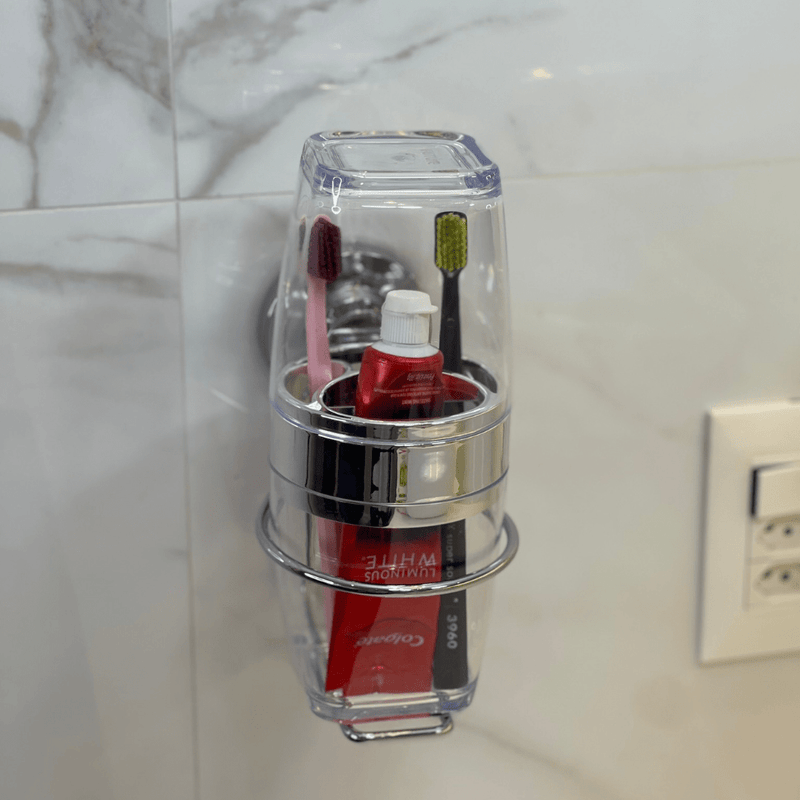 Suporte com Porta Escova e Creme Dental com Ventosa Cromado